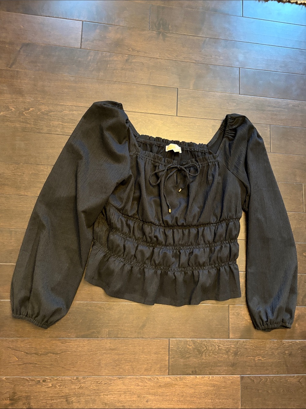 Michael Kors Black Smocked Square-Neck Peasant Blouse with Tie